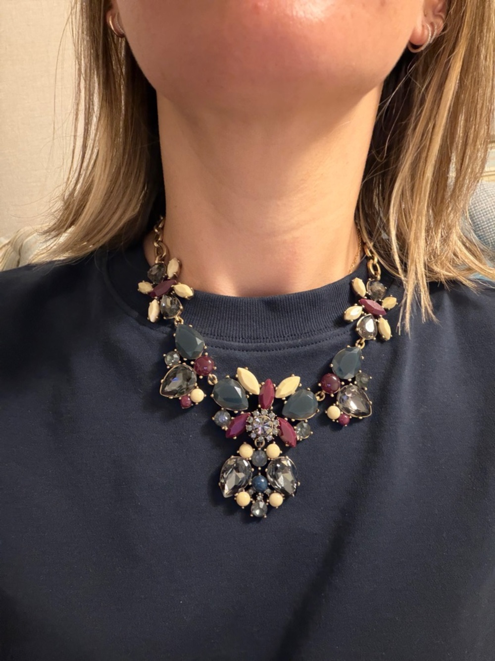 J. Crew Gold-Chain Floral Statement Necklace with Navy, Burgundy & Cream Stones